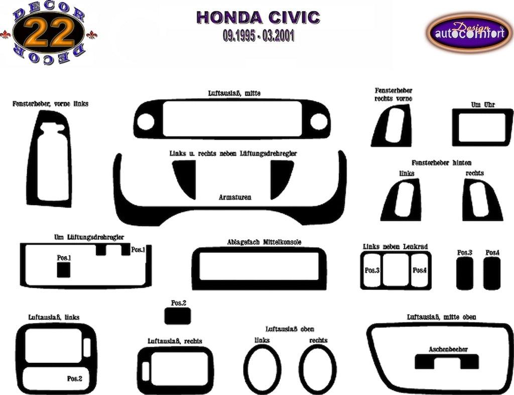 Honda Civic Ies Console/Mahogany Trim 1995-2001 22.pcs-Silver