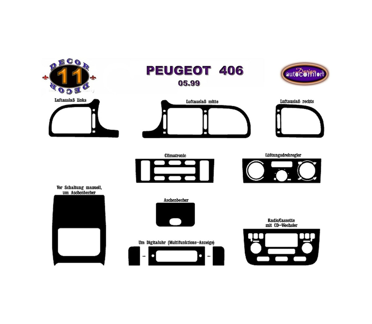 Peugeot 406 Console/Mahogany Trim 1995-1999 21.pcs (522054586)-Carbon